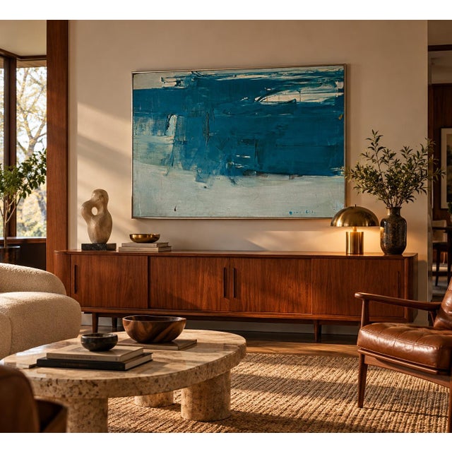 Striking 1960s Mid-Century Modern Expressionist abstract acrylic painting on canvas, featuring bold, sweeping brushstrokes...