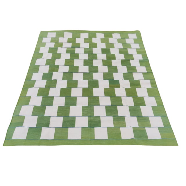 Handmade Cotton Vegetable Dyed Moss Green and White Striped Block Rug 8'x10' For Sale - Image 10 of 10