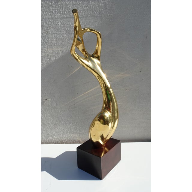 Wood Large Abstract Brass Flute Player Sculpture on Wooden Base, 1970s For Sale - Image 7 of 11