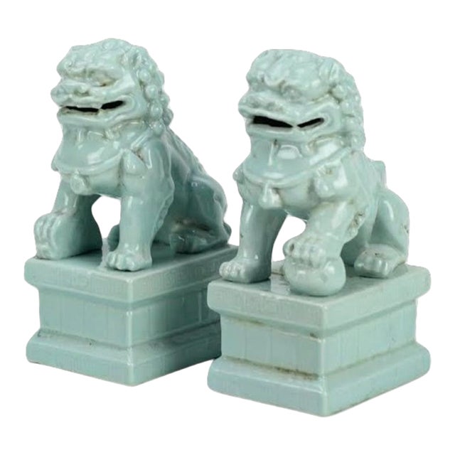 Foo-Style Dogs in Pale Blue, Mini - a Pair For Sale