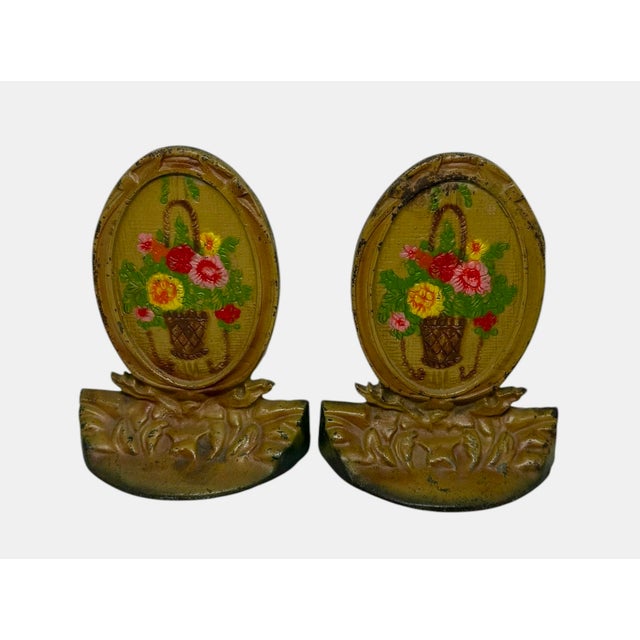 Art Deco 1920’s Cast Iron Bookends Handpainted Enamel Finish Oval Shape Basket Filled With Flowers Motif - A Pair For Sale - Image 3 of 12