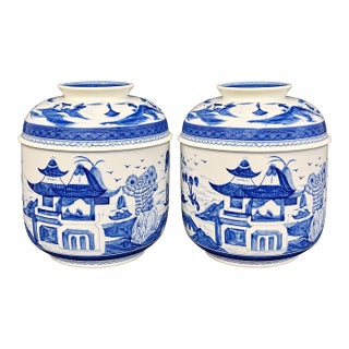 Pair of Mottahedeh Blue Canton Porcelain Lidded Ginger Jars | Vista Alegre, Portugal For Sale