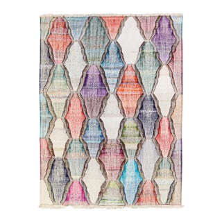 Contemporary Kilim Handmade Geometric Multicolor Wool Rug For Sale