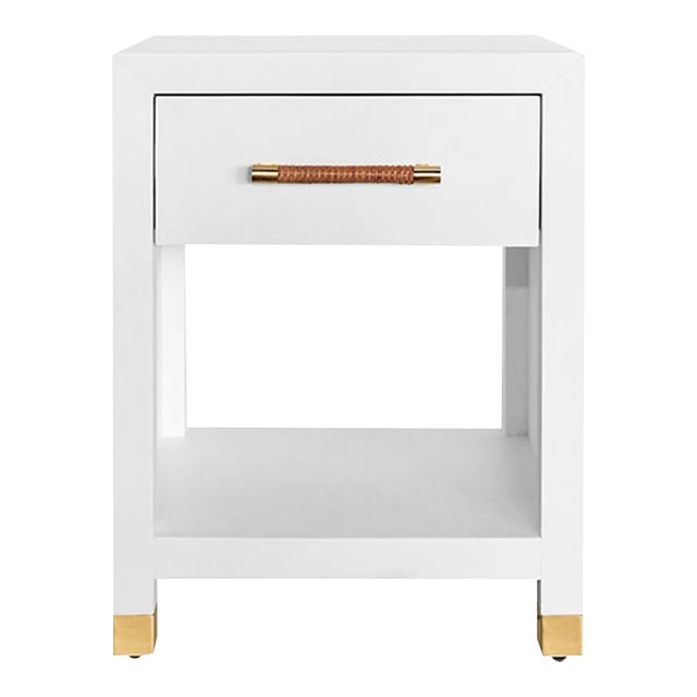 Matthew Izzo Home - Pelham White Matte Lacquer, One Drawer Side Table With Rattan and Brass Handle For Sale