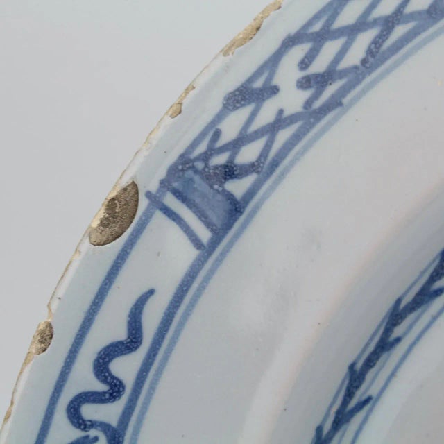 Antique 18th C English Delft Chinoiserie Plate With Willow Tree & Lotus Bush For Sale - Image 12 of 13