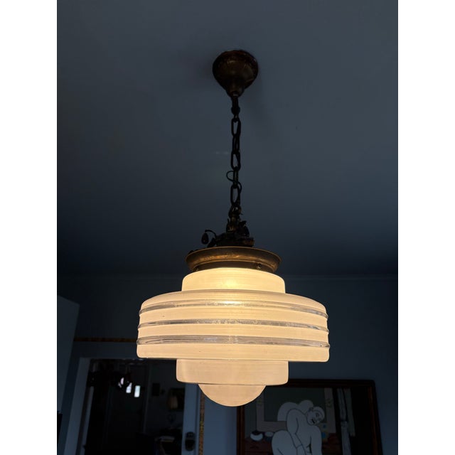 1930s Pendant Light With Glass Globe and Brass Canopy For Sale In Greenville, SC - Image 6 of 7