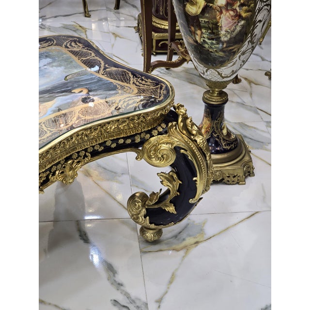 Wood French Rococo Coffee Table With Hand-Painted Artwork Under Glass & Gilded Bronze Details For Sale - Image 7 of 11