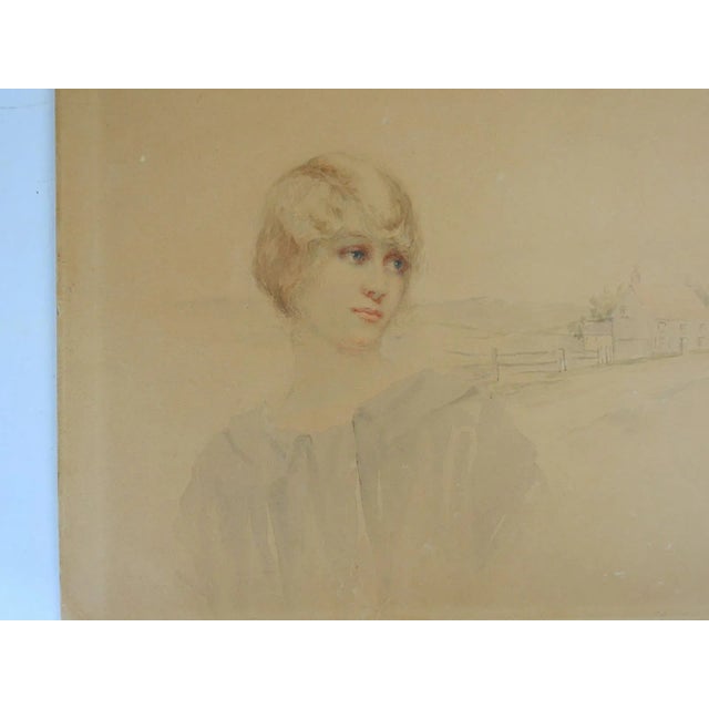 Vintage circa 1920's soft pale tones watercolor and drawing on tan artist board portrait study of woman with farmhouse in...