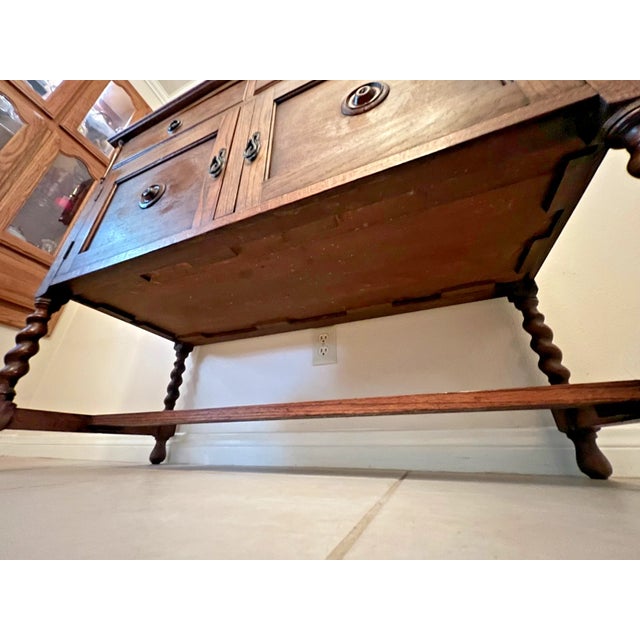 Antique Barley Twist Oak Server Cabinet Sideboard Buffet Console, Beveled Mirror For Sale - Image 17 of 17