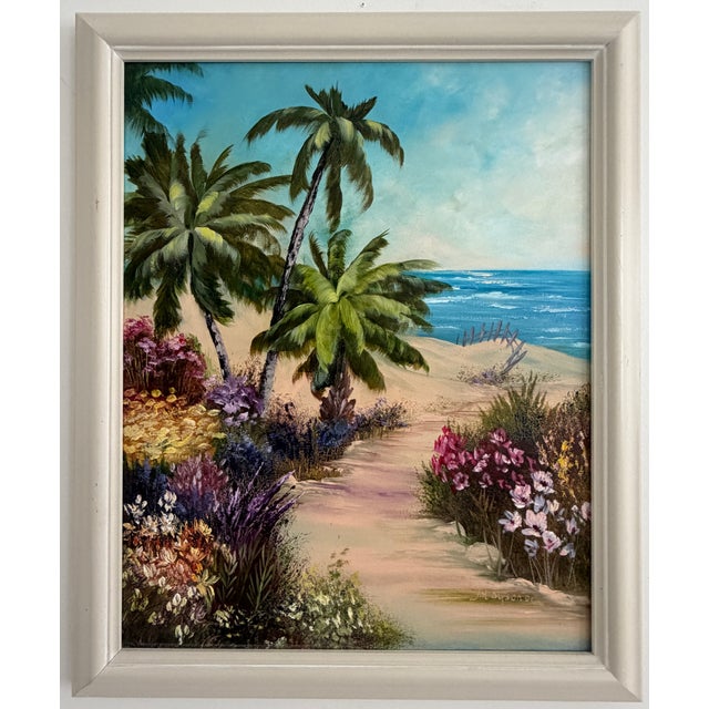 Vintage Signed M. Bryson Tropical Beach Palm Tree Landscape Painting, Framed For Sale - Image 17 of 17