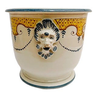 Vintage Italian Faience Planter With Head Handles For Sale