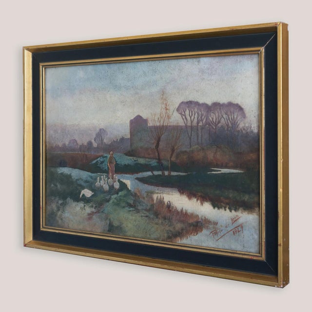After Barbizon School, Lady Tending a Flock of Geese at Dusk or Dawn, 1920s, Oil on Canvas For Sale - Image 3 of 8