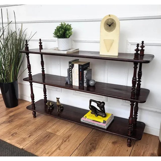 Italian Carved Walnut Wood Three Shelves Open Bookcase Library Etagere, 1950s For Sale - Image 3 of 11