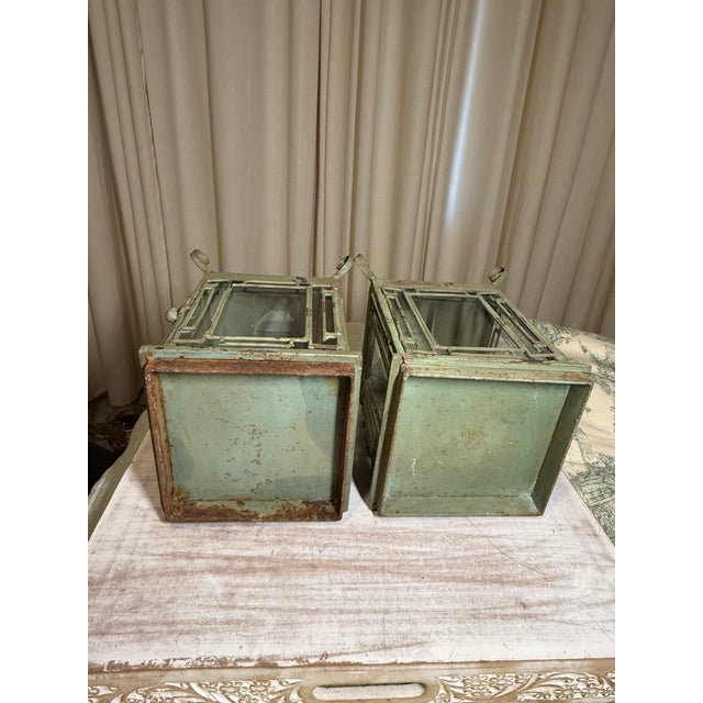 Metal Pair of Vintage Metal Chinoiserie Pagoda-Style Hanging Lanterns With Weathered Sage Green Finish For Sale - Image 7 of 12