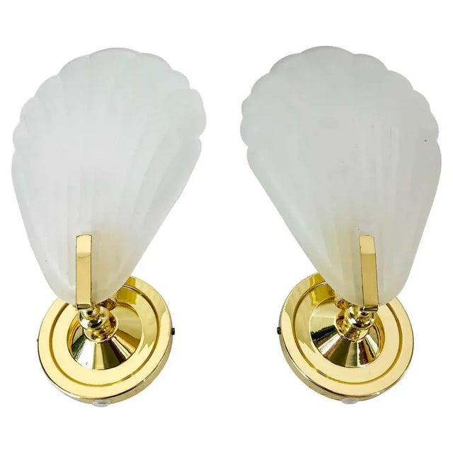 Gold 1980s Shell Shaped Brass and Glass Wall Lamps - A Pair For Sale - Image 8 of 8