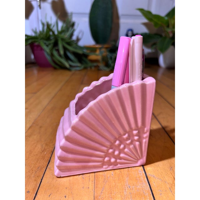 Vintage MCM Pink Ceramic Fan Vase Planter For Sale - Image 11 of 14