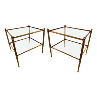 Mid-Century Brass Side Tables with 2-Tier with Glass Tops, France, 1960s, Set of 2 For Sale
