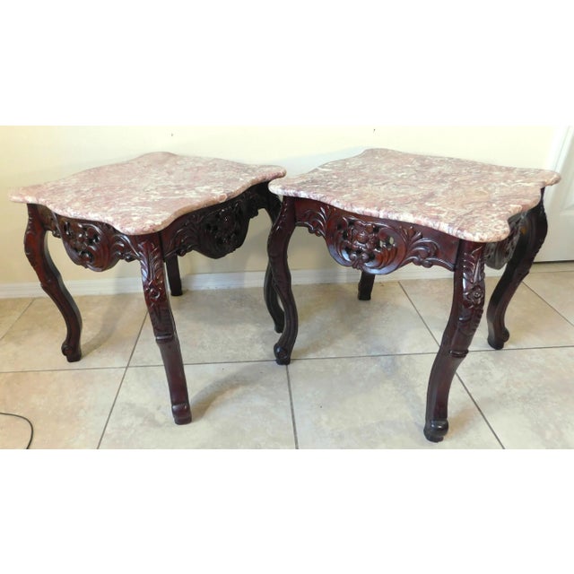 Mid 20th Century Pair Vintage Chinese Carved Rosewood Pink Marble Top Side/End Tables For Sale - Image 5 of 8