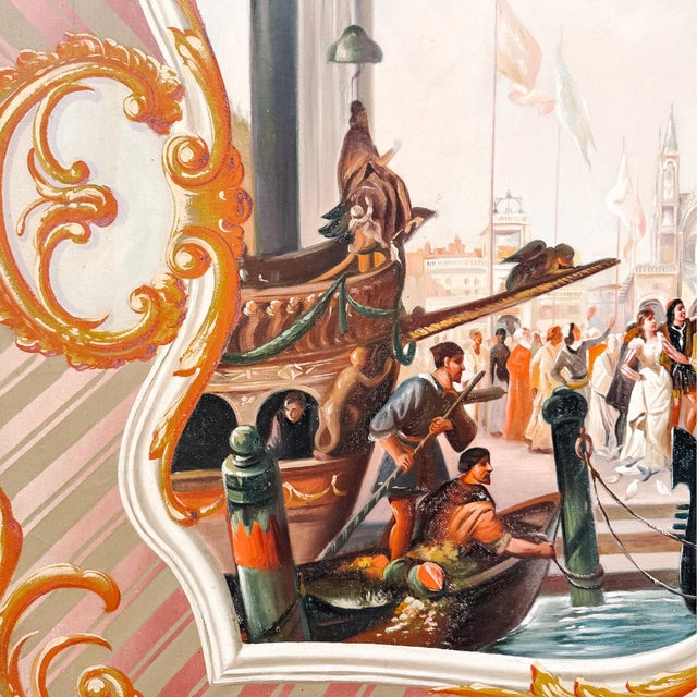 Late 20th Century Large Scale Framed Venetian Canal Scene Neoclassical Architectural Mural Style Painting on Board For Sale - Image 4 of 10