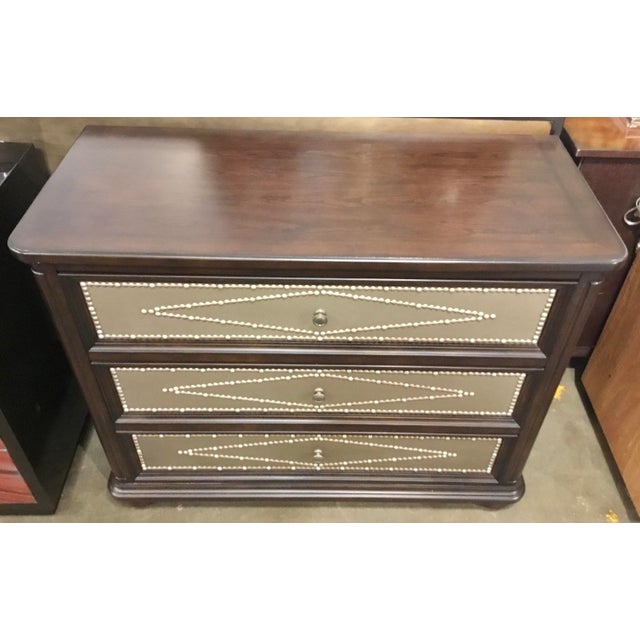 Original Retail $1240, Stylish modern Modern Wood and Metal Chest of Drawers, 3 drawers adorning a nailhead design, warm...