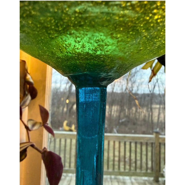Vintage Glasses Mexican Hand Blown Blue Green Wine Glass Goblets Swirl Pattern 8.5” - a Pair For Sale - Image 6 of 8