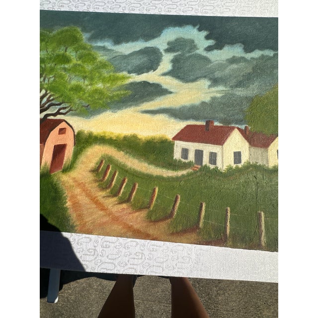 Green 1990s Farmhouse and Barn Countryside Landscape Painting on Canvas For Sale - Image 8 of 9