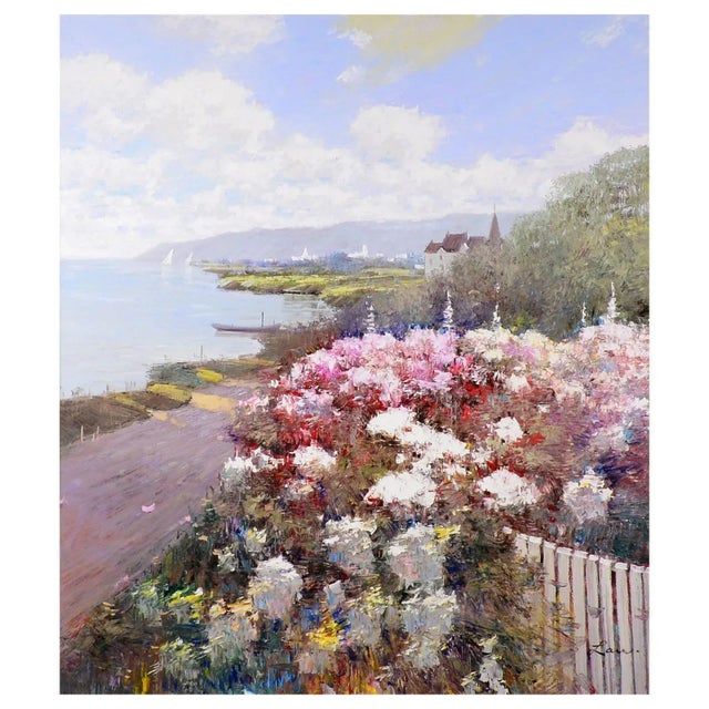 Vintage oil on canvas by Kwok Leung Law Harbor Scene with Floral Garden, circa 1980. This Kwok Leung Law (1954- ) painting...