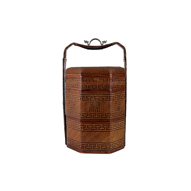 Chinese Antique 3 Three Tiered Rattan Bamboo & Wood Chinese Wedding Basket For Sale - Image 3 of 17