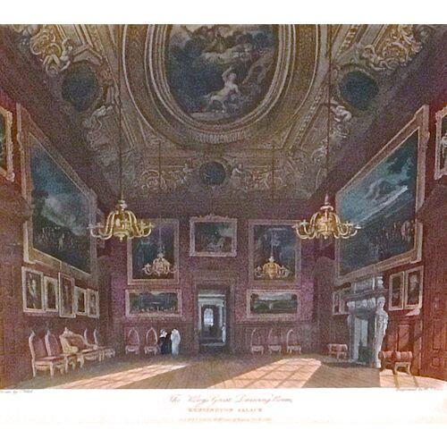 Antique "Great Drawing Room, Kensington Palace" engraving displayed in a vintage giltwood frame. Illustrates the King's...