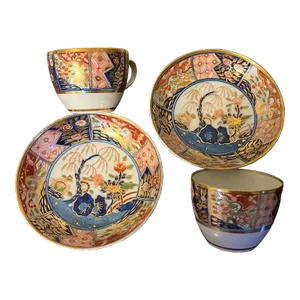 Antique Early 19th Century Coalport Imari Porcelain Bute Shape Tea Cups and Saucers in the Rock and Tree Pattern C. 1805 - a Pair