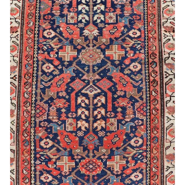 Early 20th Century Antique Malayer Long Runner Rug in Blue Background, Orange and Brown For Sale In Atlanta - Image 6 of 11