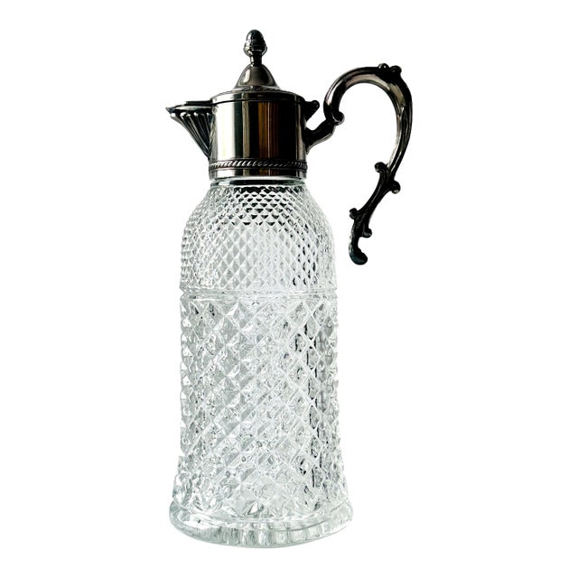 Late 20th Century Large Victorian-Style Silverplate & Cut-Glass Claret Jug, 12.75" Tall For Sale