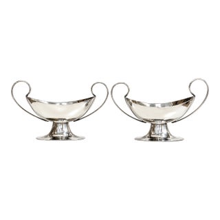 Antique Continental European Silver-Plated Neoclassical Navette Pedestal Open Salt Cellars - A Pair For Sale