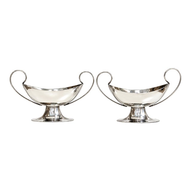 Antique Continental European Silver-Plated Neoclassical Navette Pedestal Open Salt Cellars - A Pair For Sale