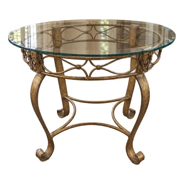 1970s Neoclassical Style Gold-Tone Metal and Beveled Glass Accent Table For Sale