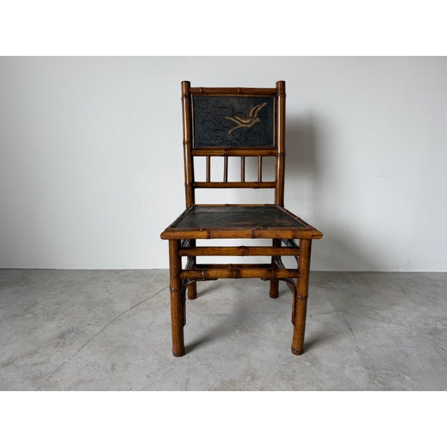 Art Deco 19th-Century Aesthetic Movement Bamboo Side Chair With Bird Motif Panels For Sale - Image 3 of 12