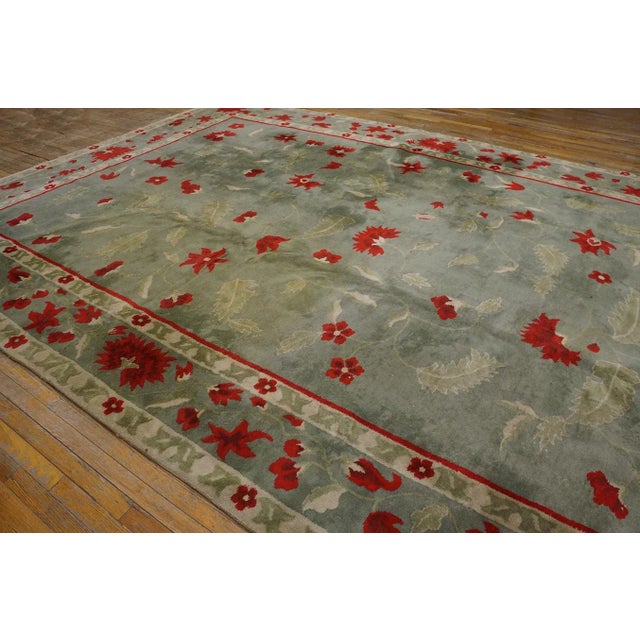 Awesome Green Ground Color With Striking Red Flowers in a Floral Design Antique Chinese Art Deco Rug For Sale - Image 12 of 12
