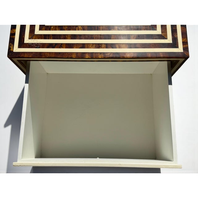 Brown Vintage Burled Walnut Faux Bone Inlay 2 Drawer Nightstand-Art Deco-Regency-Chest For Sale - Image 8 of 11