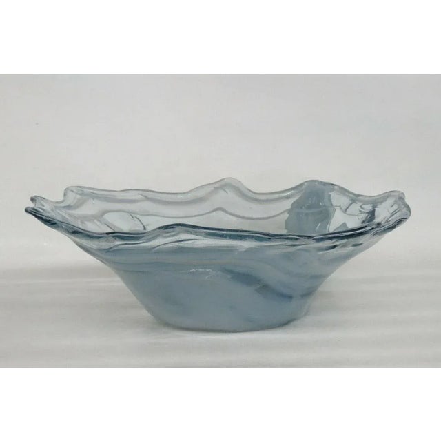 Mid Century Modern Vintage Hand Blown Blue Glass Centerpiece Bowl