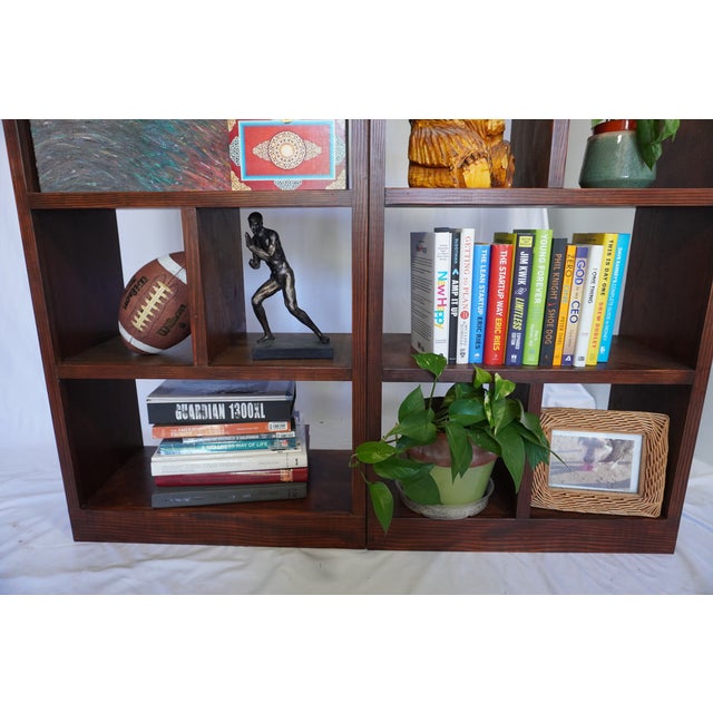 Handcrafted Solid Wood Bookcase Set | Custom Library Wall | Hickory Stain Bookshelf, 2 Pieces For Sale - Image 12 of 17