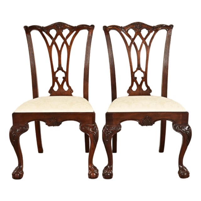 Drexel Heritage Chippendale Carved Mahogany Side Chairs or Dining Chairs, Pair For Sale