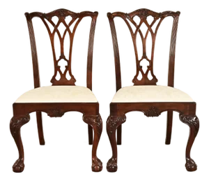 Drexel Heritage Chippendale Carved Mahogany Side Chairs or Dining Chairs, Pair