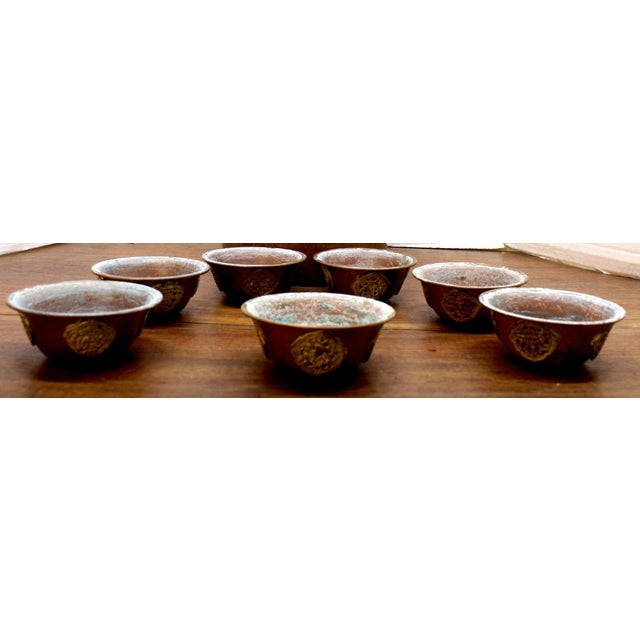 1950s Himalayan Nepalese Hand-Wrought Copper Altar Offering Bowls - Set of 7 For Sale - Image 11 of 15