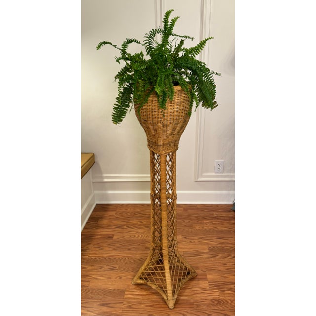 Vintage Monumental Coastal Rattan Wicker Plant Stand For Sale - Image 4 of 12