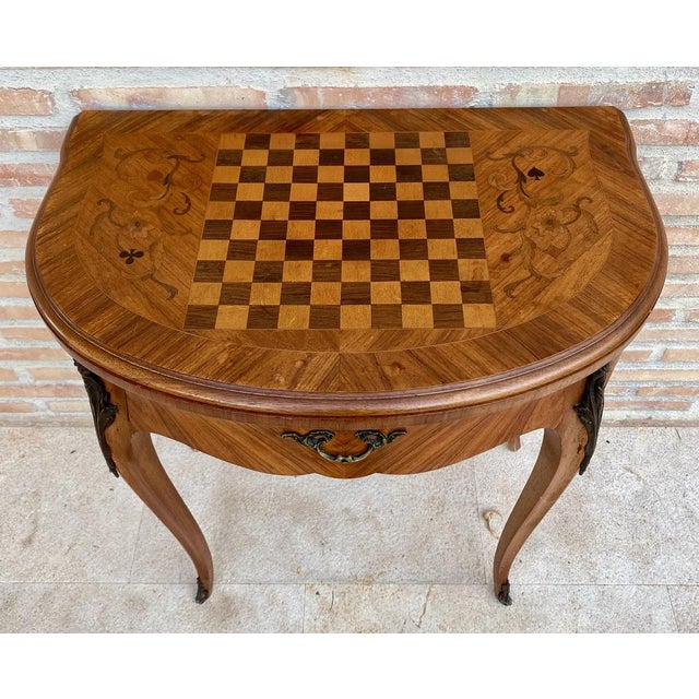 Wood French Demi Lune Folding Card or Console Table with Baize Top, 1900s For Sale - Image 7 of 18