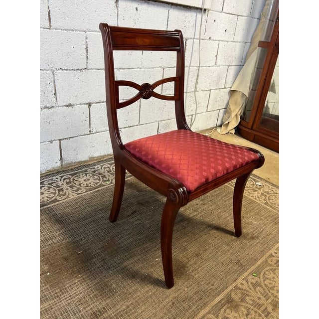 Set of Six Antique Regency Style Mahogany Upholstered Seat Dining Chairs Well carved , saber legs Solid wood frame, sturdy...