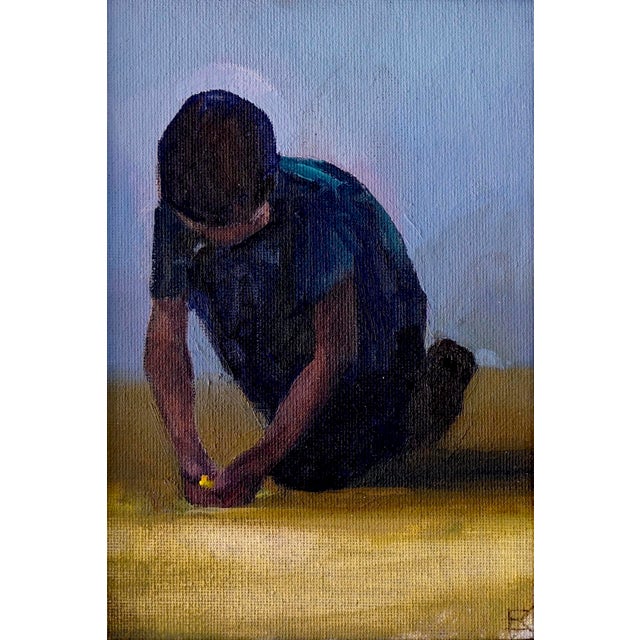 The Charmer by Emma Kalff | Oil on canvas panel Boy kneeling and playing with a toy on the ground. For Sale