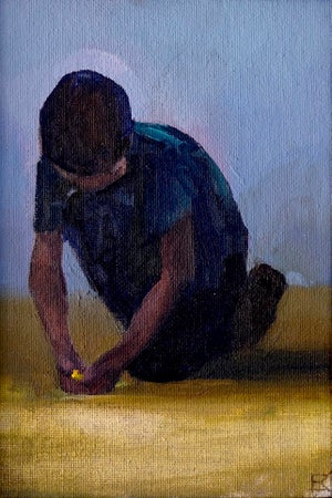 The Charmer by Emma Kalff | Oil on canvas panel Boy kneeling and playing with a toy on the ground.