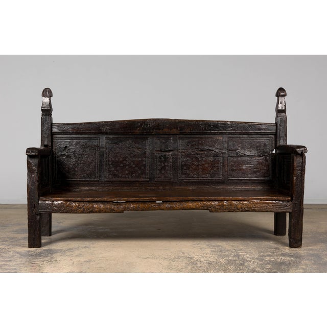Rustic 18th Century Spanish Rustic Oak Bench With Carved Panels and Dark Patina For Sale - Image 3 of 18