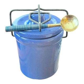 Vintage French Country Periwinkle Blue Ceramic Lidded Canister & Striped Spoon After Digoin Sarreguemines For Sale